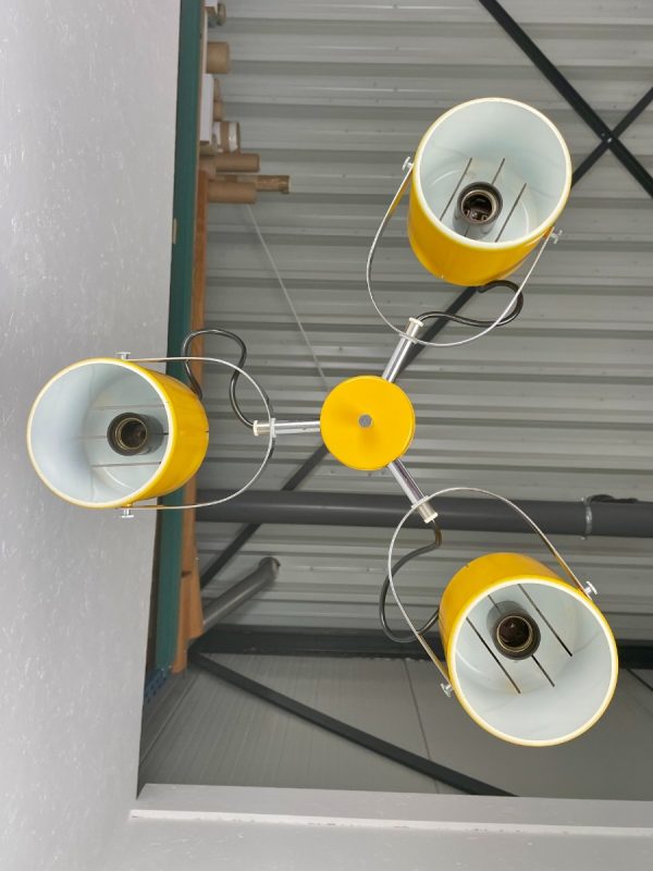 echtvintage Herda Amsterdam pull down pendant light - Rolly adjustable 3 shade chrome yellow metal hanging lamp - vintage Dutch design echt