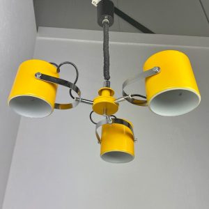 echtvintage Herda Amsterdam pull down pendant light - Rolly adjustable 3 shade chrome yellow metal hanging lamp - vintage Dutch design echt