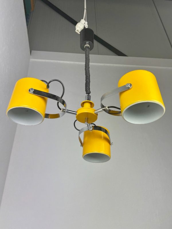 echtvintage Herda Amsterdam pull down pendant light - Rolly adjustable 3 shade chrome yellow metal hanging lamp - vintage Dutch design echt