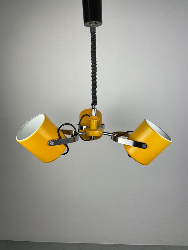 echtvintage Herda Amsterdam pull down pendant light - Rolly adjustable 3 shade chrome yellow metal hanging lamp - vintage Dutch design echt