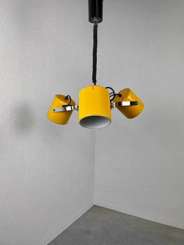 echtvintage Herda Amsterdam pull down pendant light - Rolly adjustable 3 shade chrome yellow metal hanging lamp - vintage Dutch design echt