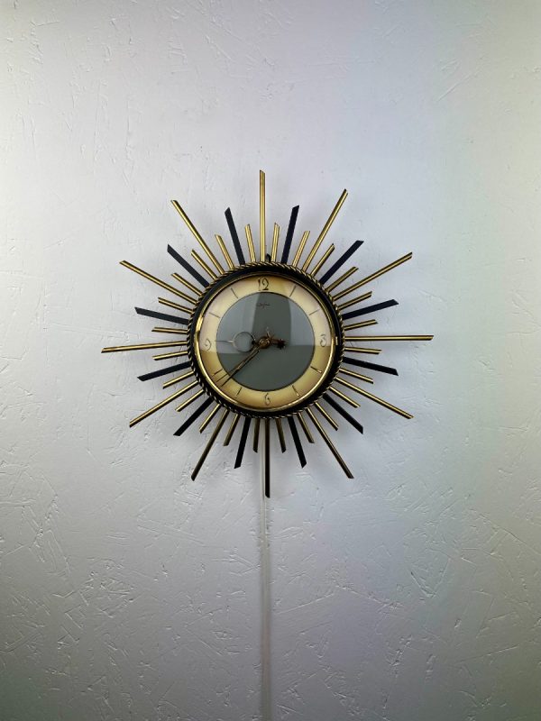 Vintage 1960s sunburst clock - Orfac Germany - silent time - electric 220 volts - brass metal