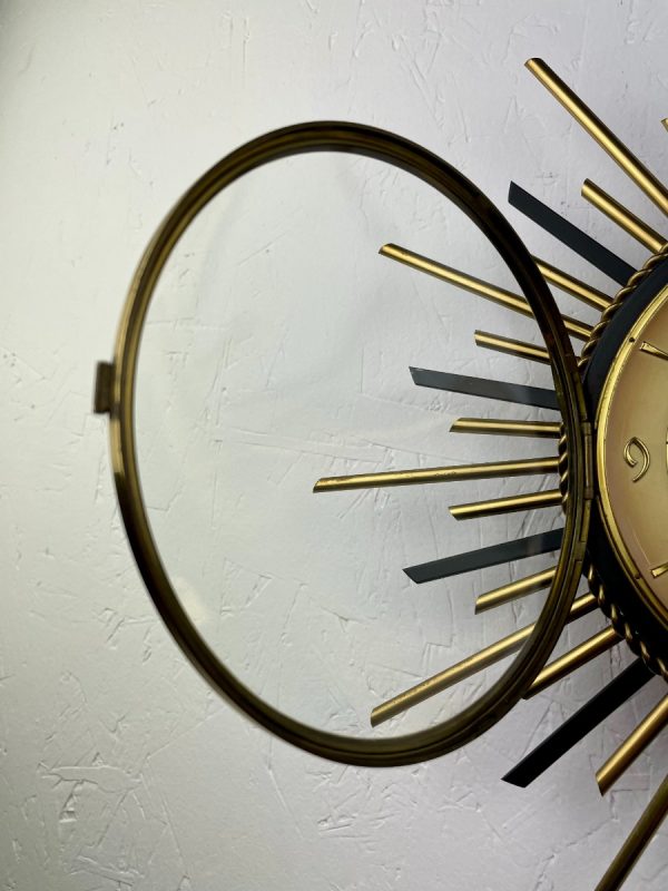 Vintage 1960s sunburst clock - Orfac Germany - silent time - electric 220 volts - brass metal