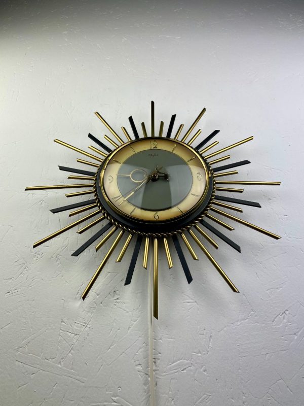 Vintage 1960s sunburst clock - Orfac Germany - silent time - electric 220 volts - brass metal