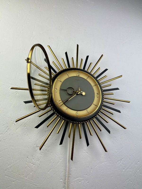 Vintage 1960s sunburst clock - Orfac Germany - silent time - electric 220 volts - brass metal