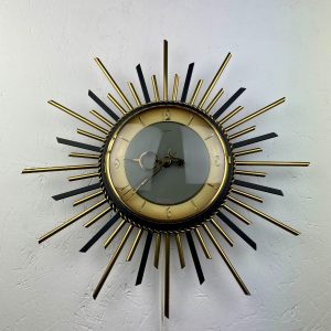 Vintage 1960s sunburst clock - Orfac Germany - silent time - electric 220 volts - brass metal