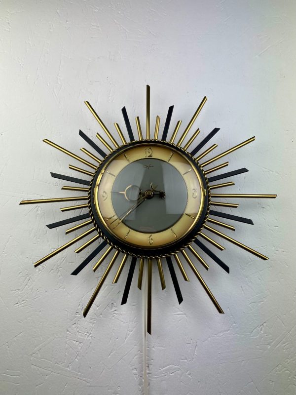 Vintage 1960s sunburst clock - Orfac Germany - silent time - electric 220 volts - brass metal