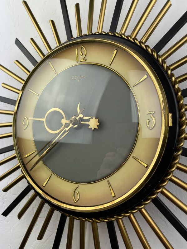 Vintage 1960s sunburst clock - Orfac Germany - silent time - electric 220 volts - brass metal