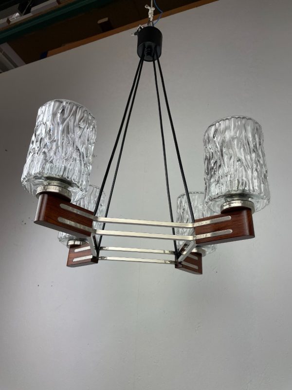 echtvintage echt Mid century design hanging lamp - 1960s Scandinavian wood glass 4light - vintage 60s lighting