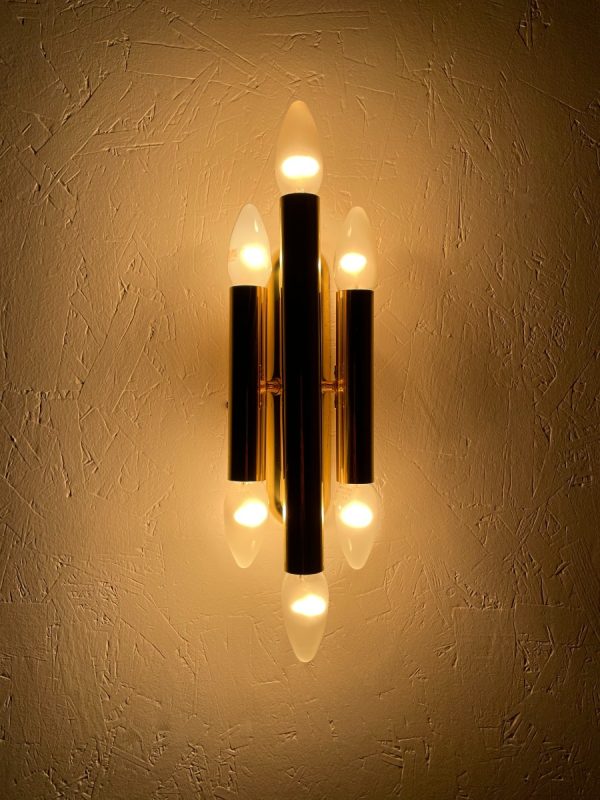 echtvintage echt real Vintage 1960s modern brass wall light - Hollywood Regency lamp - 60s Germany Sciolari style lighting - 6light German three-arm double candle