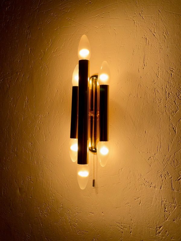 echtvintage echt real Vintage 1960s modern brass wall light - Hollywood Regency lamp - 60s Germany Sciolari style lighting - 6light German three-arm double candle