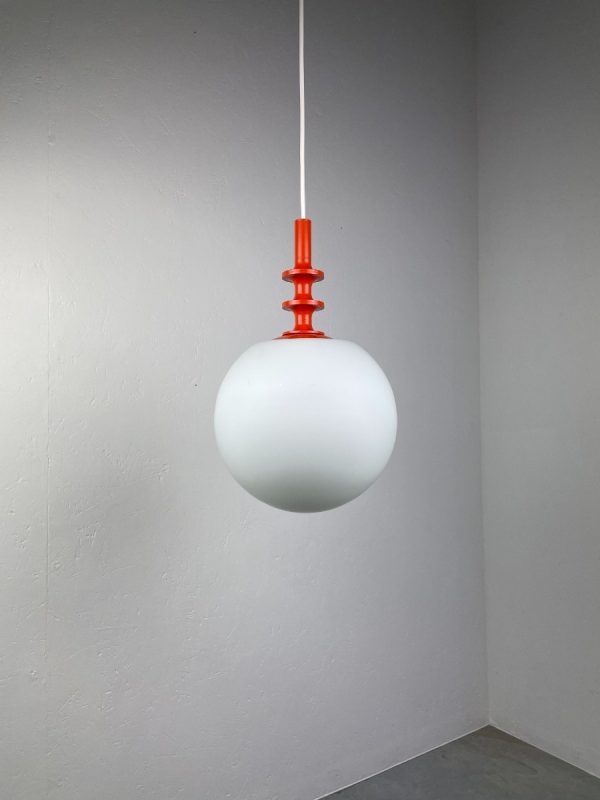 Vintage 1970s space age hanging lamp - rare modern 70s opaline glass pendant light - white orange echtvintage real