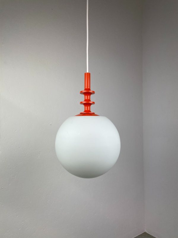Vintage 1970s space age hanging lamp - rare modern 70s opaline glass pendant light - white orange echtvintage real
