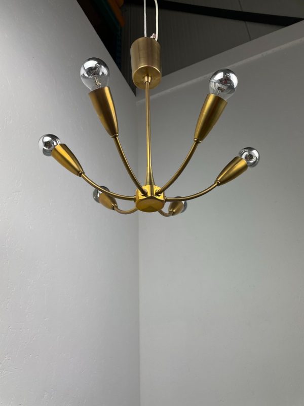 Brass chandelier 6light - vintage 1960s ceiling lamp - metal 60s hollywood regency lighting - Stilnovo era echtvintage echt real