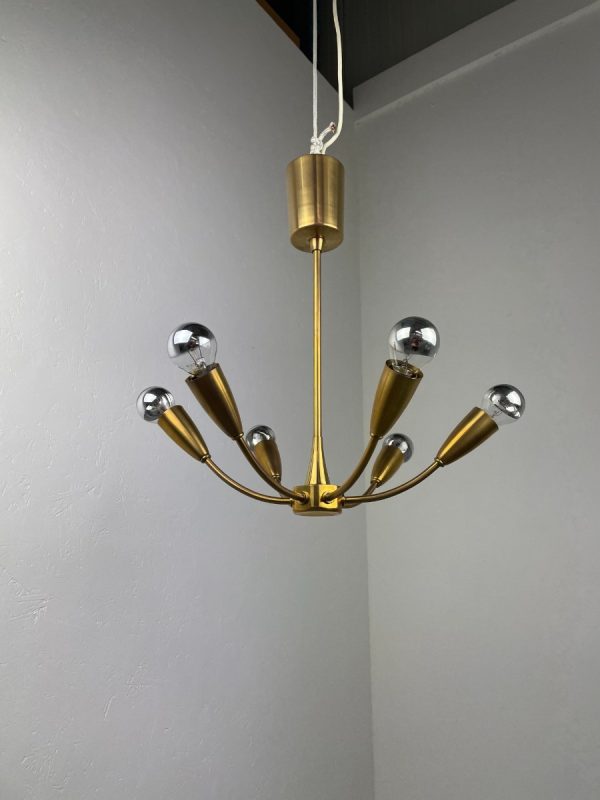 Brass chandelier 6light - vintage 1960s ceiling lamp - metal 60s hollywood regency lighting - Stilnovo era echtvintage echt real
