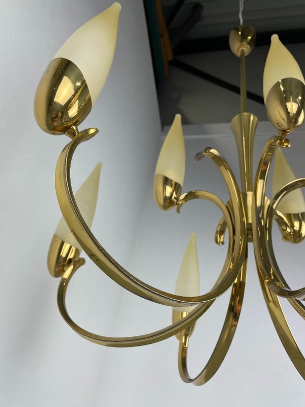 Hollywood Regency ceiling chandelier light - vintage 1960s brass hanging lamp - metal glass 9light echtvintage echt