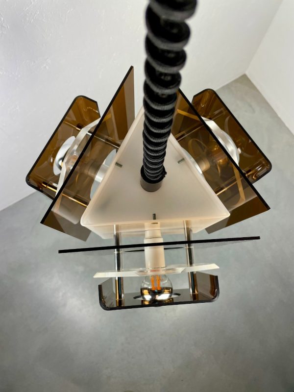 echtvintage Space Age plexiglass hanging lamp - Herda 70s perspex pendent light - rare 1970s Dutch design lighting - triangular shape - smoked acrylic vintage echt real
