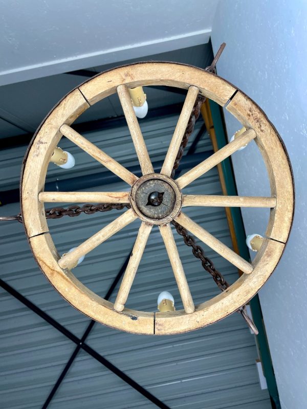 Vintage wooden wagon wheel lamp - old cart wheel lighting - antique chandelier rural decoration 6light echtvintage echt real