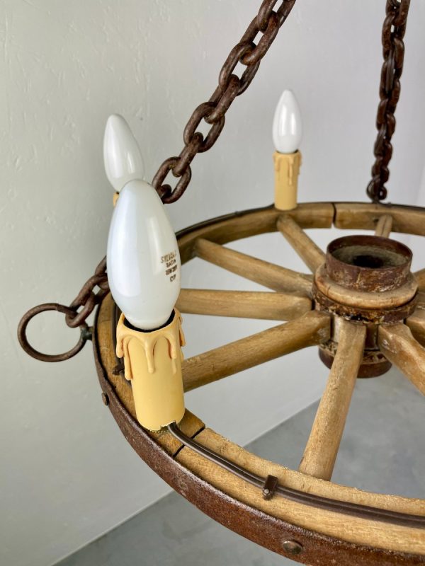 Vintage wooden wagon wheel lamp - old cart wheel lighting - antique chandelier rural decoration 6light echtvintage echt real