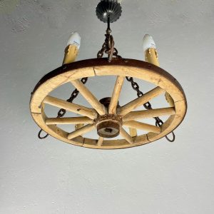 Vintage wooden wagon wheel lamp - old cart wheel lighting - antique chandelier rural decoration 6light echtvintage echt real