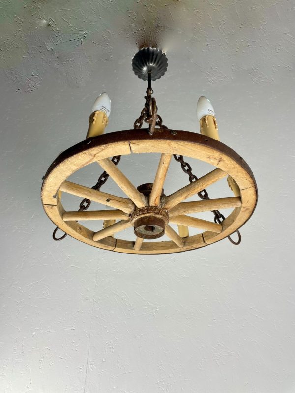 Vintage wooden wagon wheel lamp - old cart wheel lighting - antique chandelier rural decoration 6light echtvintage echt real