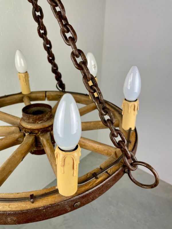 Vintage wooden wagon wheel lamp - old cart wheel lighting - antique chandelier rural decoration 6light echtvintage echt real