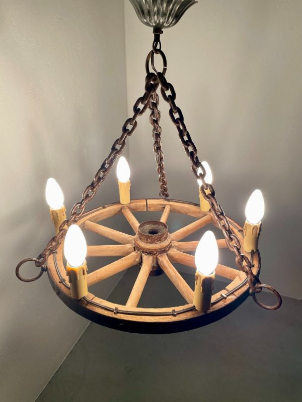 Vintage wooden wagon wheel lamp - old cart wheel lighting - antique chandelier rural decoration 6light echtvintage echt real