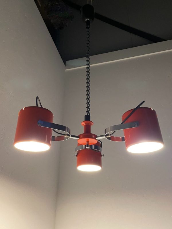 Herda Amsterdam pull down pendant light - Rolly adjustable 3 shade chrome orange metal hanging lamp - vintage Dutch design echtvintage echt real vintage