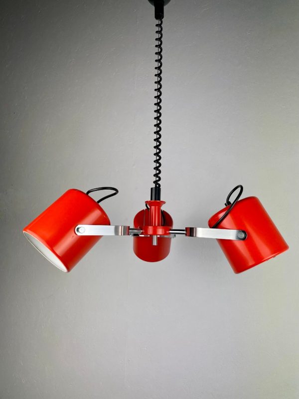 Herda Amsterdam pull down pendant light - Rolly adjustable 3 shade chrome orange metal hanging lamp - vintage Dutch design echtvintage echt real vintage