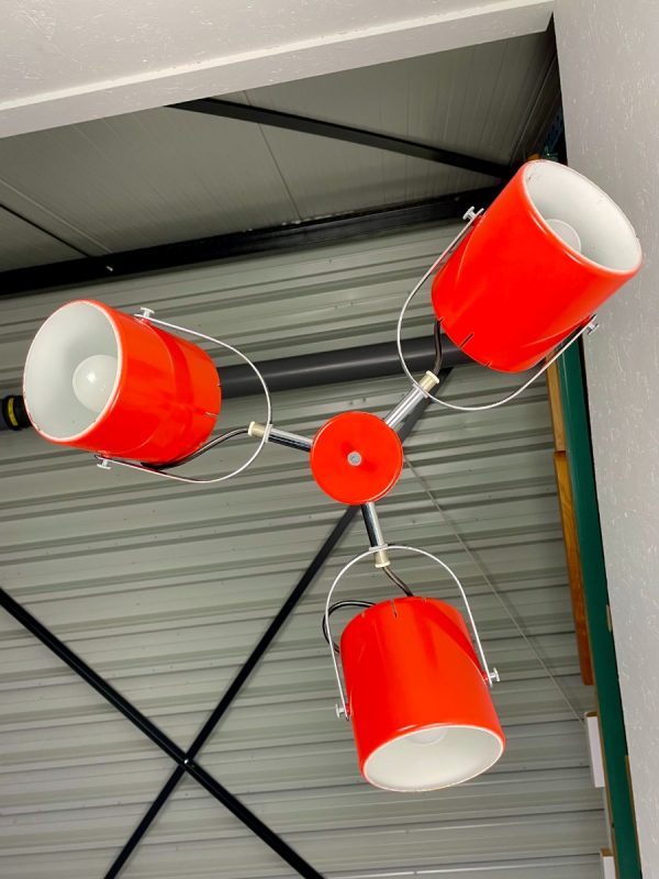 Herda Amsterdam pull down pendant light - Rolly adjustable 3 shade chrome orange metal hanging lamp - vintage Dutch design echtvintage echt real vintage