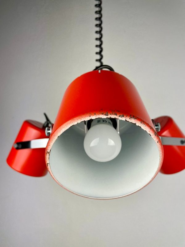 Herda Amsterdam pull down pendant light - Rolly adjustable 3 shade chrome orange metal hanging lamp - vintage Dutch design echtvintage echt real vintage