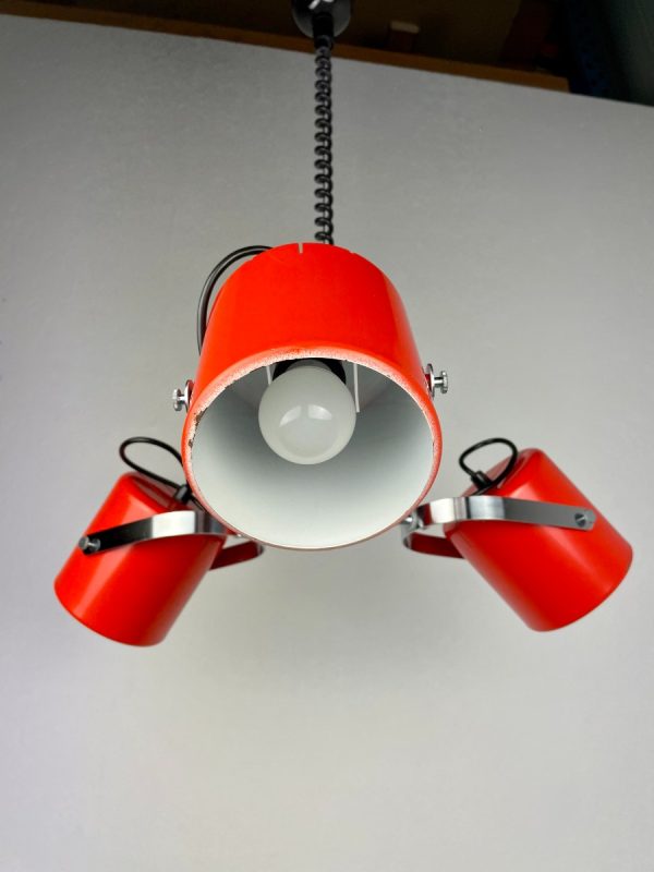 Herda Amsterdam pull down pendant light - Rolly adjustable 3 shade chrome orange metal hanging lamp - vintage Dutch design echtvintage echt real vintage