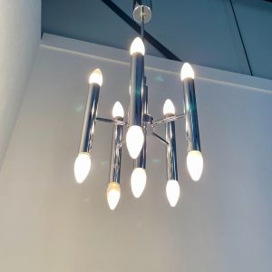 echtvintage multilight Vintage Sciolari design hanging lamp - 1960s modern lighting - Boulanger 11light - chrome steel metal light