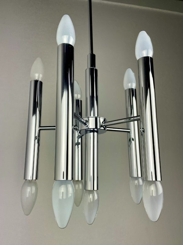 echtvintage multilight Vintage Sciolari design hanging lamp - 1960s modern lighting - Boulanger 11light - chrome steel metal light