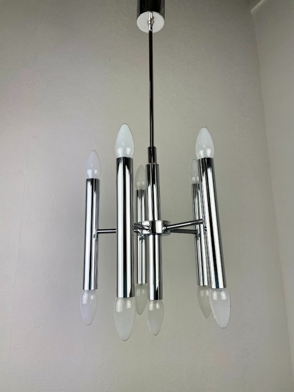 echtvintage multilight Vintage Sciolari design hanging lamp - 1960s modern lighting - Boulanger 11light - chrome steel metal light