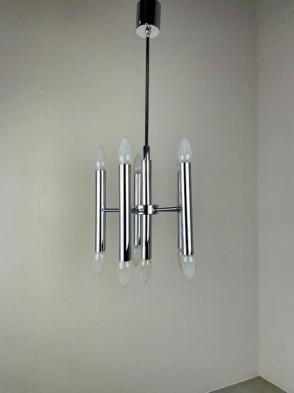 echtvintage multilight Vintage Sciolari design hanging lamp - 1960s modern lighting - Boulanger 11light - chrome steel metal light