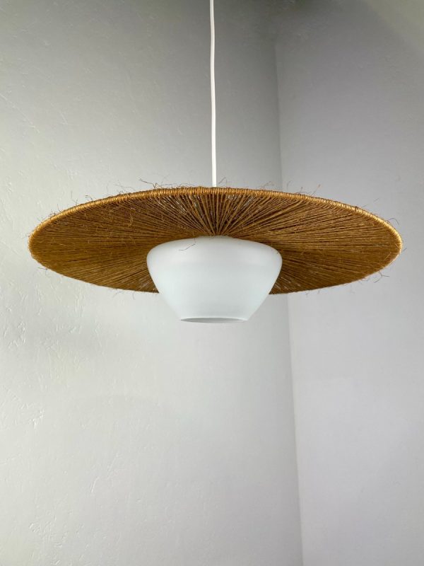 echt Vintage Temde Leuchten hanging lamp - 1950s teak sisal rope glass design light - rare 50s Switzerland lighting echtvintage