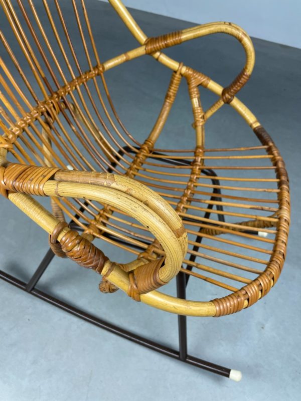 Vintage bamboo rocking chair Dirk van Sliedregt for Rohe Noordwolde - midcentury bamboo rattan metal design wicker chair echtvintage