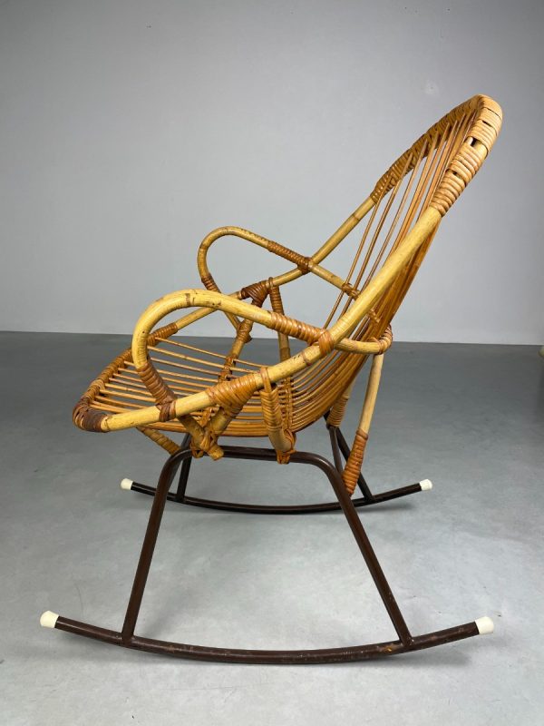 Vintage bamboo rocking chair Dirk van Sliedregt for Rohe Noordwolde - midcentury bamboo rattan metal design wicker chair echtvintage