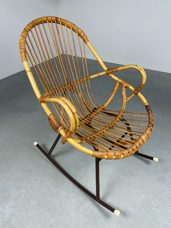 Vintage bamboo rocking chair Dirk van Sliedregt for Rohe Noordwolde - midcentury bamboo rattan metal design wicker chair echtvintage