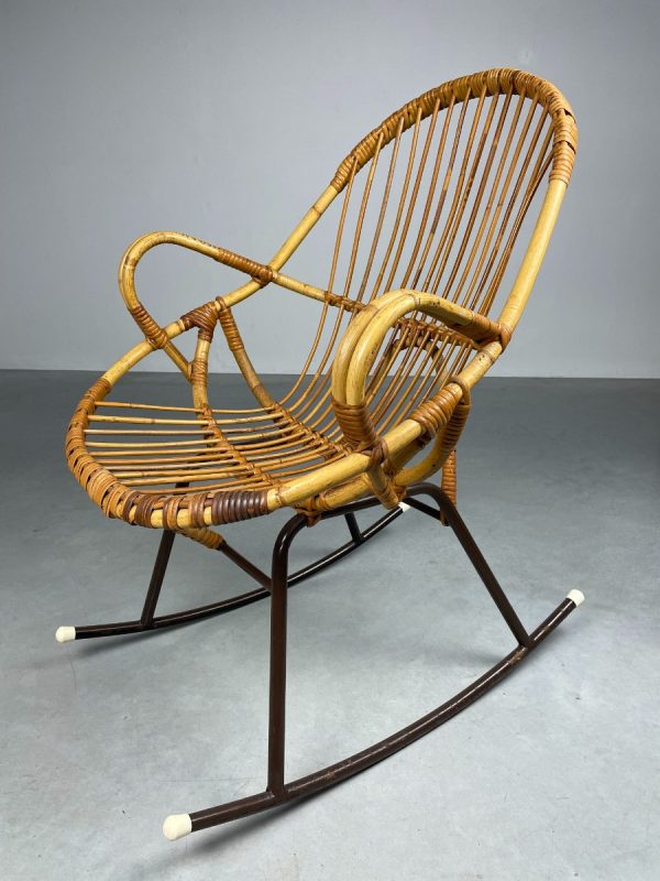 Vintage bamboo rocking chair Dirk van Sliedregt for Rohe Noordwolde - midcentury bamboo rattan metal design wicker chair echtvintage