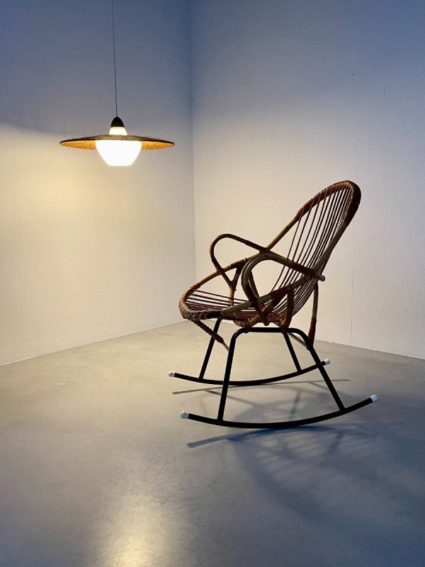 Vintage bamboo rocking chair Dirk van Sliedregt for Rohe Noordwolde - midcentury bamboo rattan metal design wicker chair echtvintage
