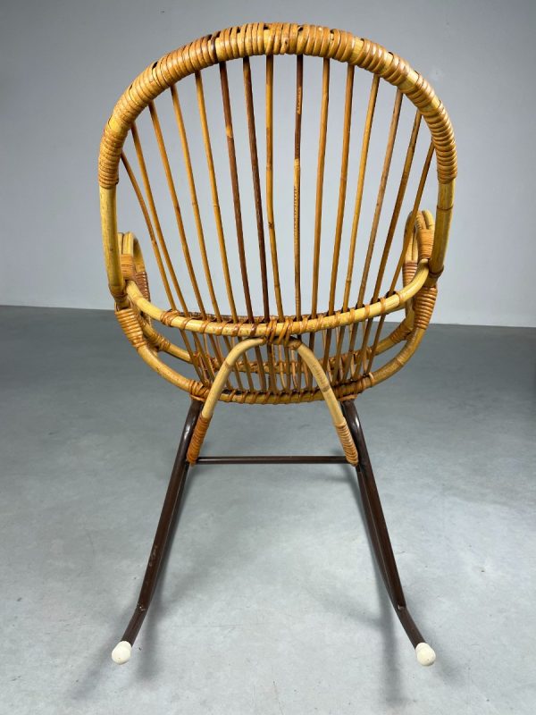 Vintage bamboo rocking chair Dirk van Sliedregt for Rohe Noordwolde - midcentury bamboo rattan metal design wicker chair