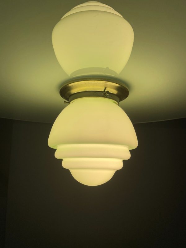 Vintage Thabur art deco bauhaus ceiling light - 1920/30 lighting - green opaline glas metal lamp