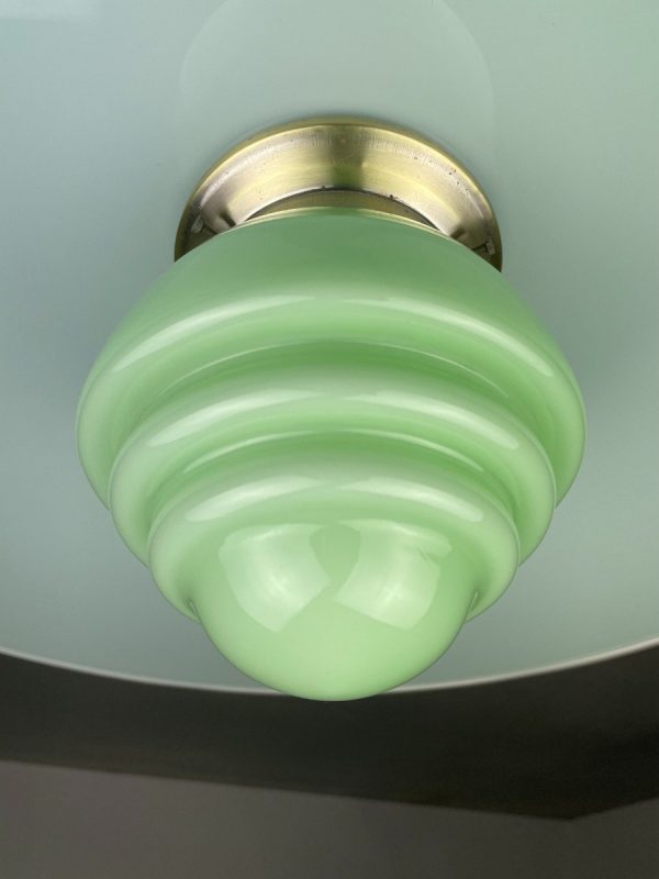 echt Vintage Thabur art deco bauhaus ceiling light - 1920/30 lighting - green opaline glas metal lamp echtvintage