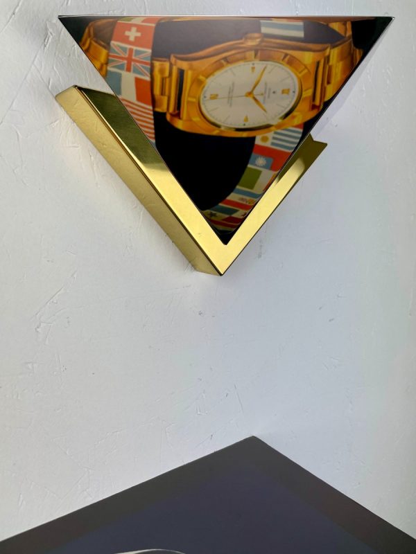 Space age brass metal wall lights - Kalmar Hillebrand lamp set - modern triangle mirror halogen lighting echtvintage echt vintage