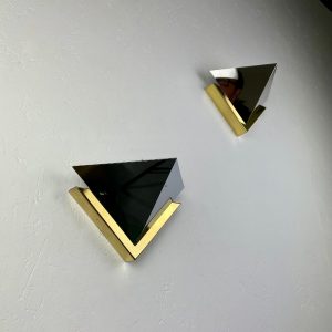 Space age brass metal wall lights - Kalmar Hillebrand lamp set - modern triangle mirror halogen lighting echtvintage echt vintage