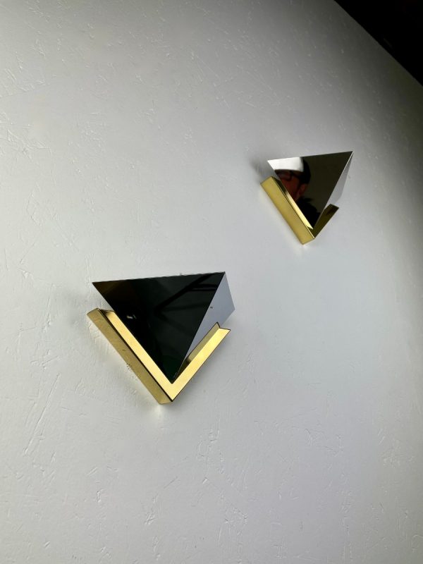 Space age brass metal wall lights - Kalmar Hillebrand lamp set - modern triangle mirror halogen lighting echtvintage echt vintage