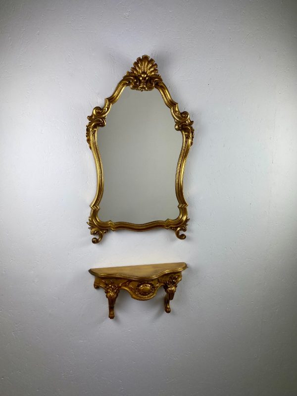 echt Vintage 1960s gold wall table with baroque mirror - rare Hollywood regency set echtvintage