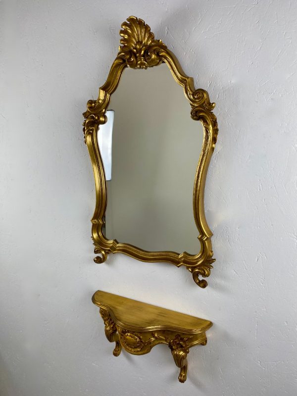 echt Vintage 1960s gold wall table with baroque mirror - rare Hollywood regency set echtvintage